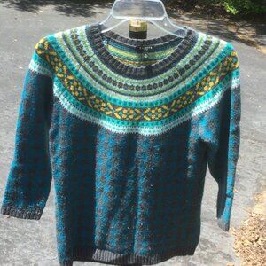 Talbots Art Design Circle Neck Gray-Green Block Sweater